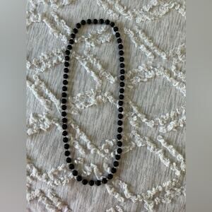 Vintage Satin Beaded Necklace, Black with Silver Tone Spacers‎